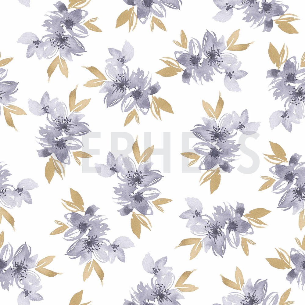 JERSEY DIGITAL FLOWERS AND LEAVES WHITE/ LAVENDER
