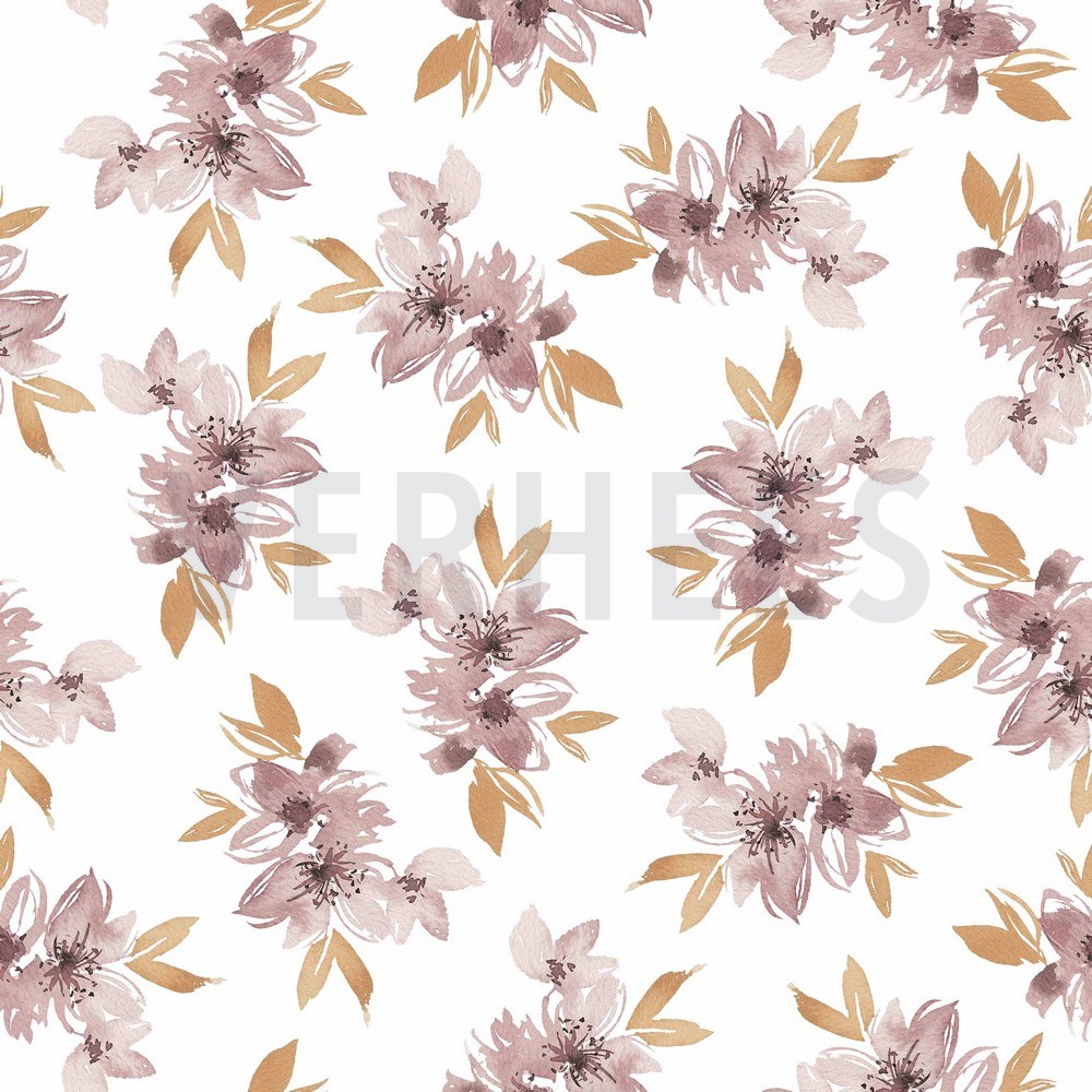 JERSEY DIGITAL FLOWERS AND LEAVES WHITE/OLD BLUSH