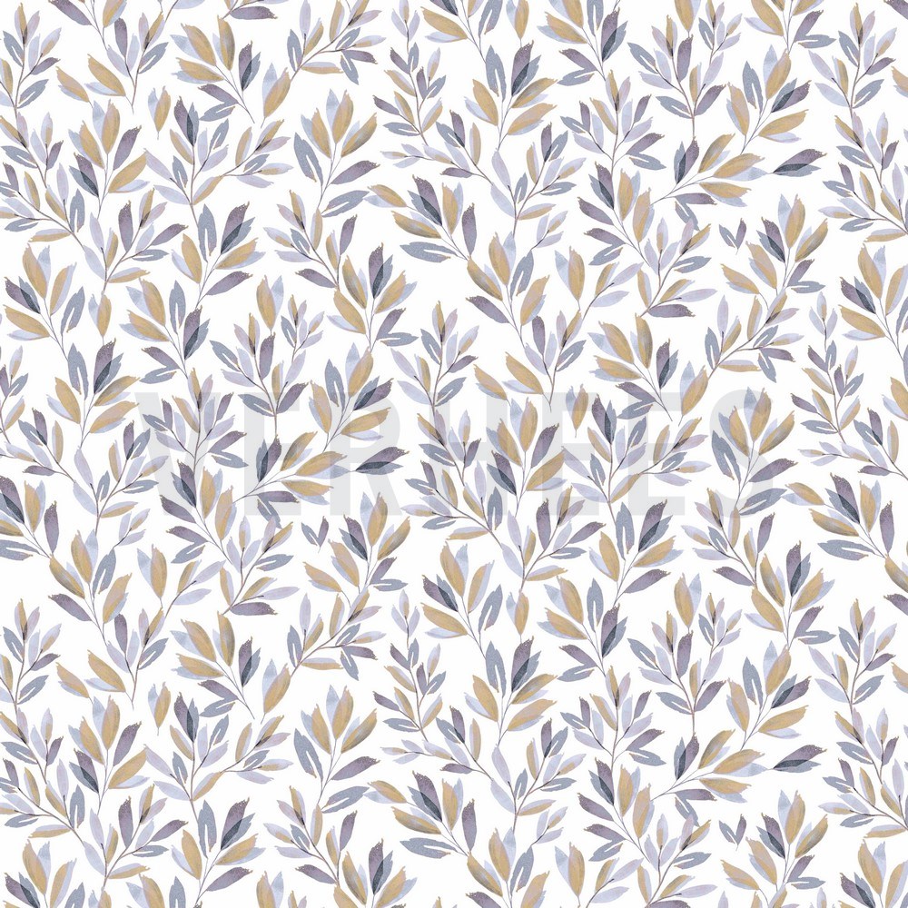 JERSEY DIGITAL FLOWERS AND LEAVES WHITE/LAVENDER