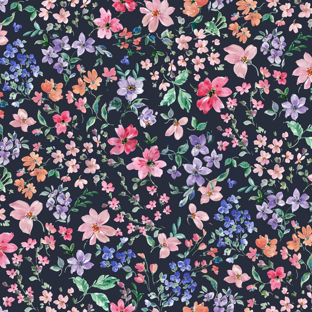 FRENCH TERRY DIGITAL FLOWERS NAVY