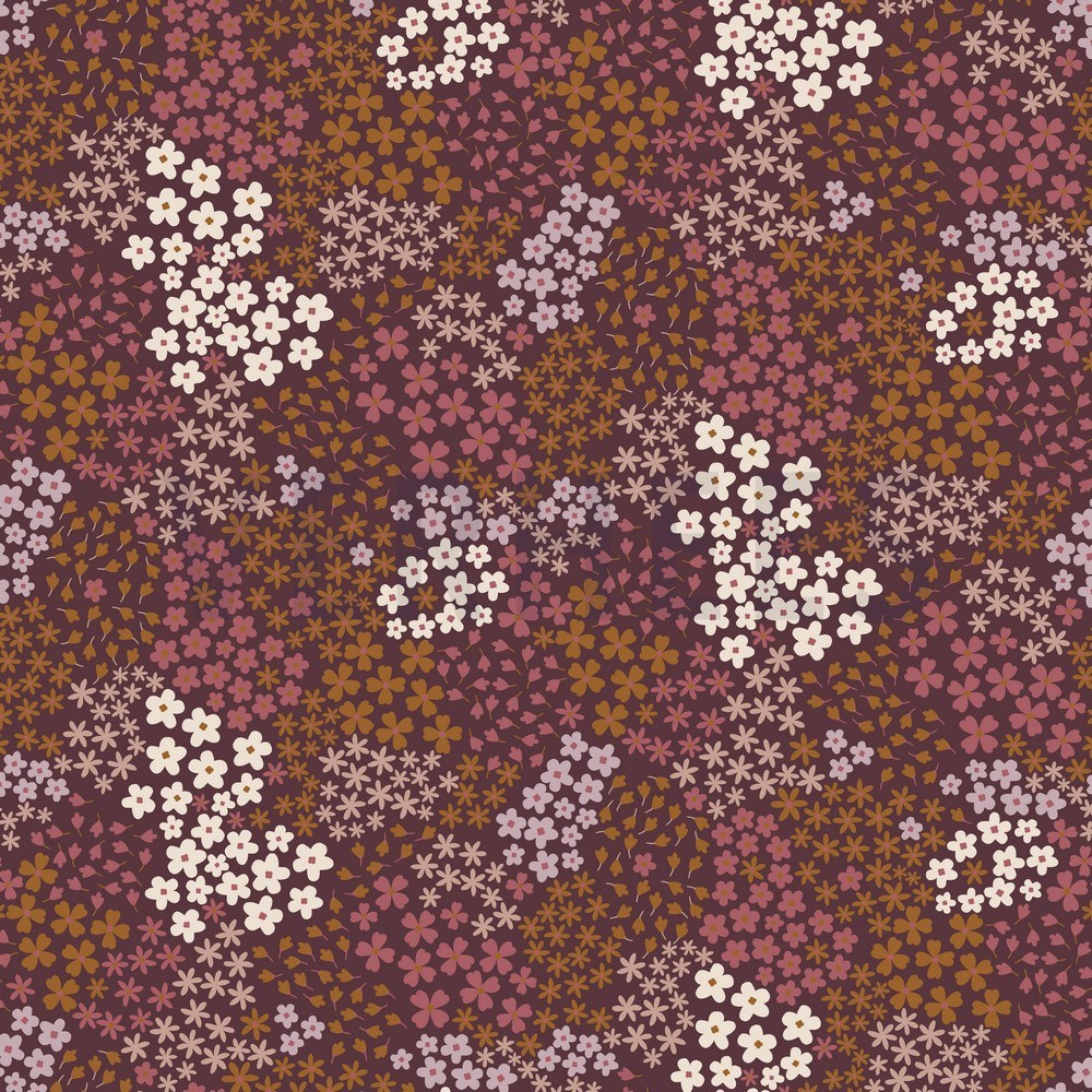 FRENCH TERRY SMALL FLOWERS BORDEAUX