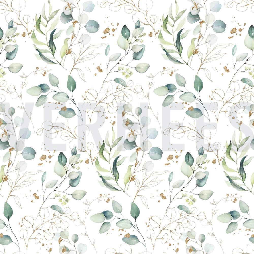 POPLIN DIGITAL EUCALYPTUS LEAVES WHITE (hover)