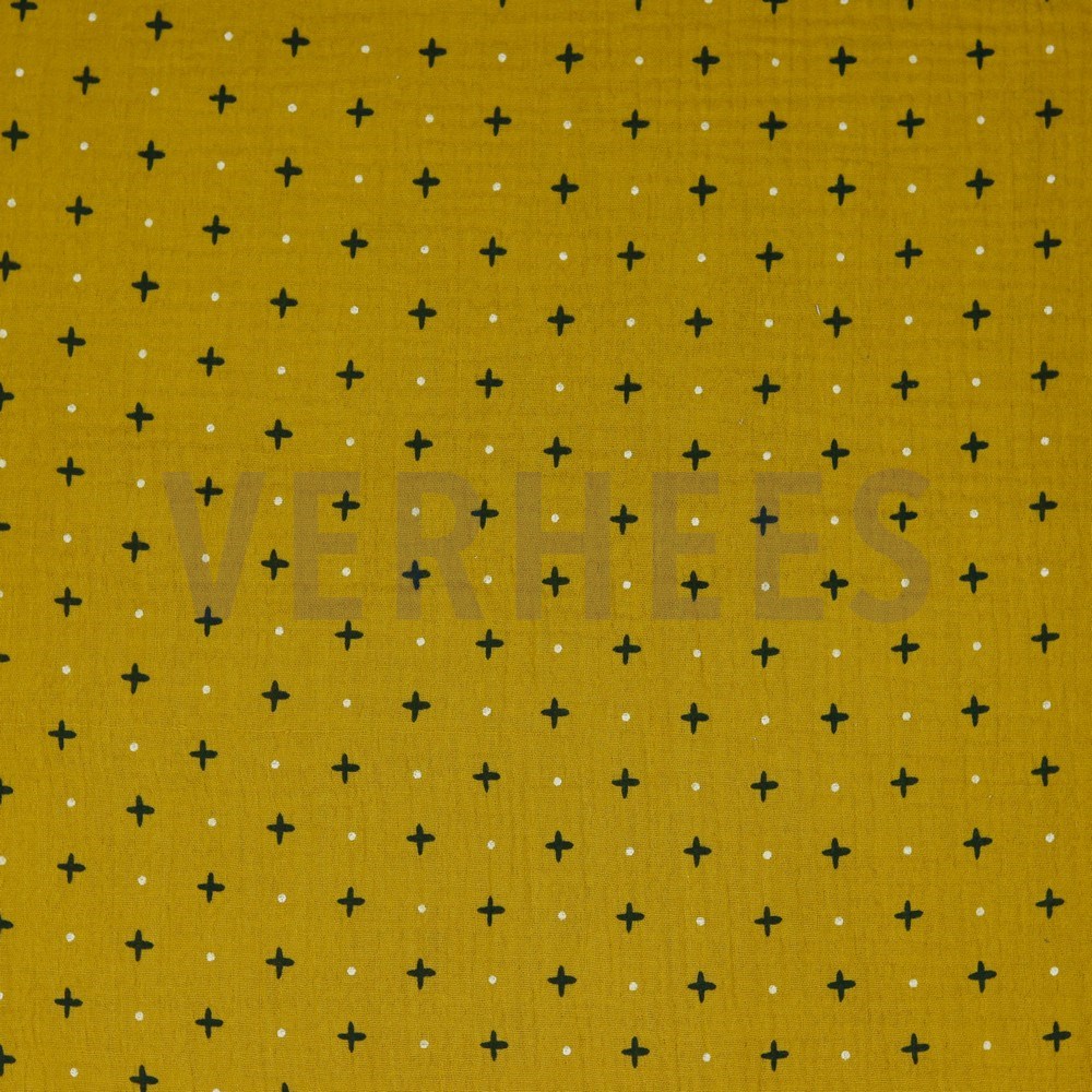DOUBLE GAUZE CROSS AND DOTS OCHRE (hover)
