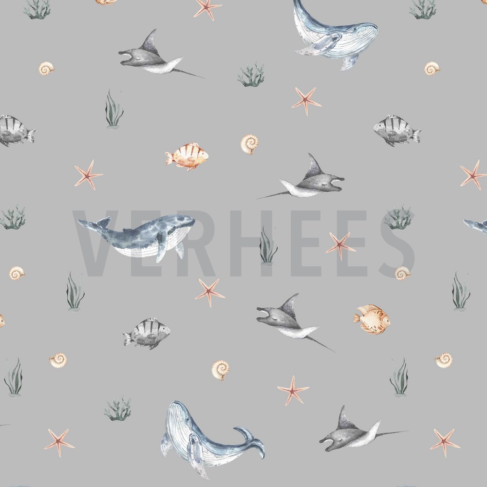 FRENCH TERRY DIGITAL SEA CREATURES LIGHT GREY (hover)