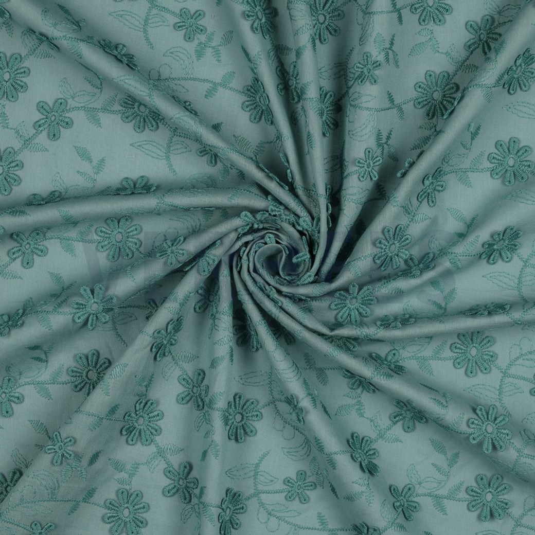 COTTON VOILE EMBROIDERY FLOWERS OLD GREEN #2