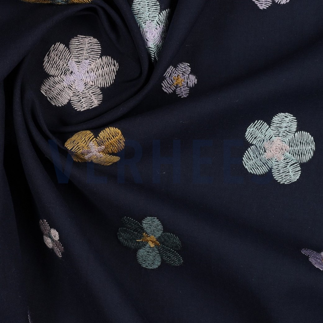 COTTON VOILE EMBROIDERY FLOWERS NAVY #3