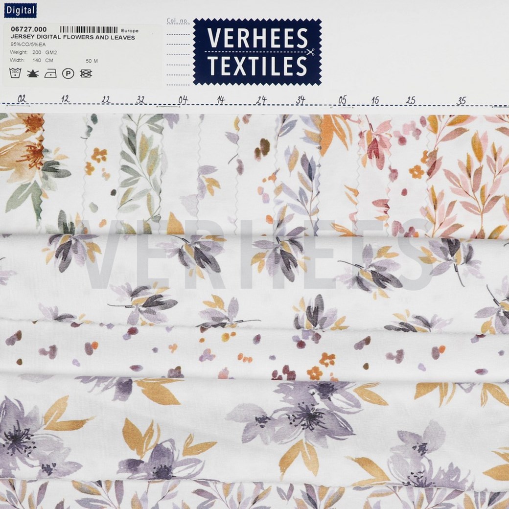 JERSEY DIGITAL FLOWERS AND LEAVES WHITE/LAVENDER #4